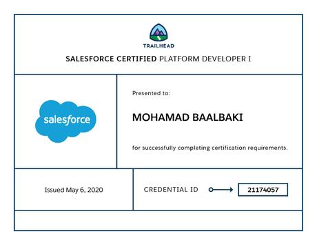 Mohamad Baalbaki Salesforce Certified Developer 1